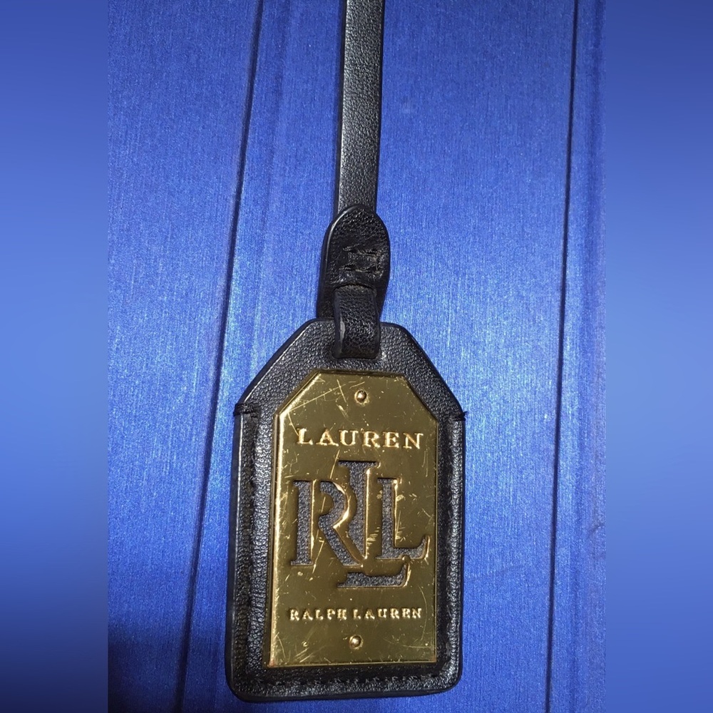 RALPH LAUREN Black Leather Gold Tone Metal KEY FOB BAG CHARM KEYCHAIN HANG TAG